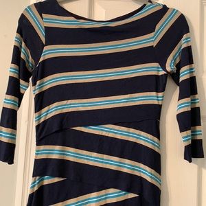 Bailey 44 S dress from Anthropologie, navy w/ stripes, layers and bodycon midi